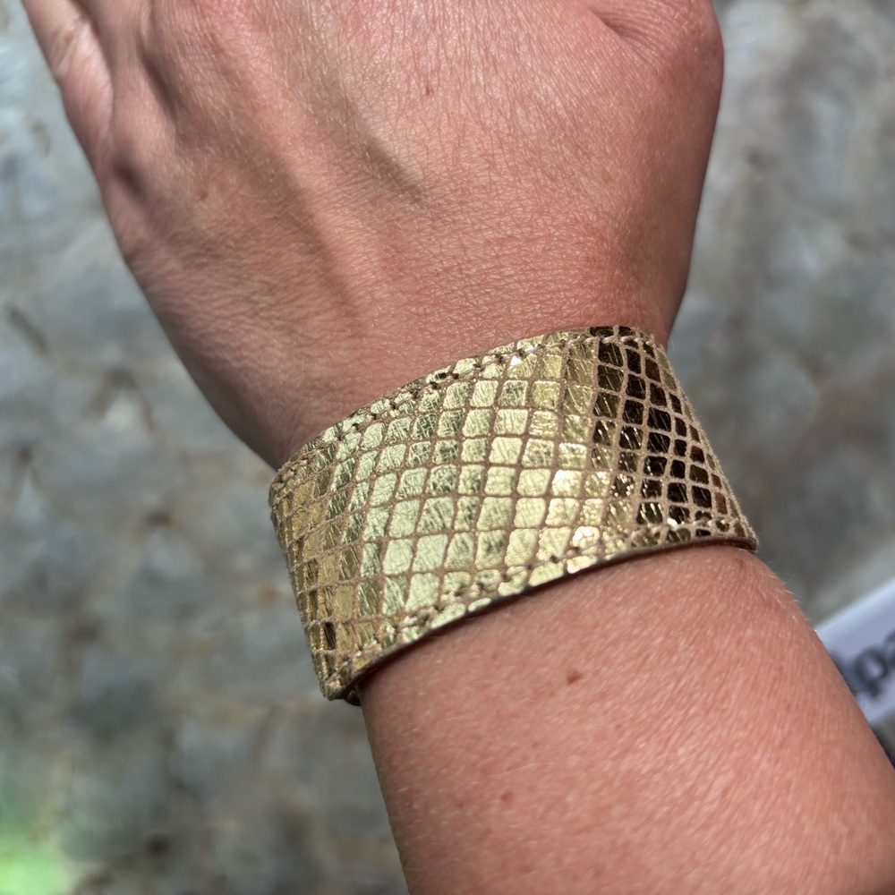 Gold Leather Cuff Bracelet Silver Hardware